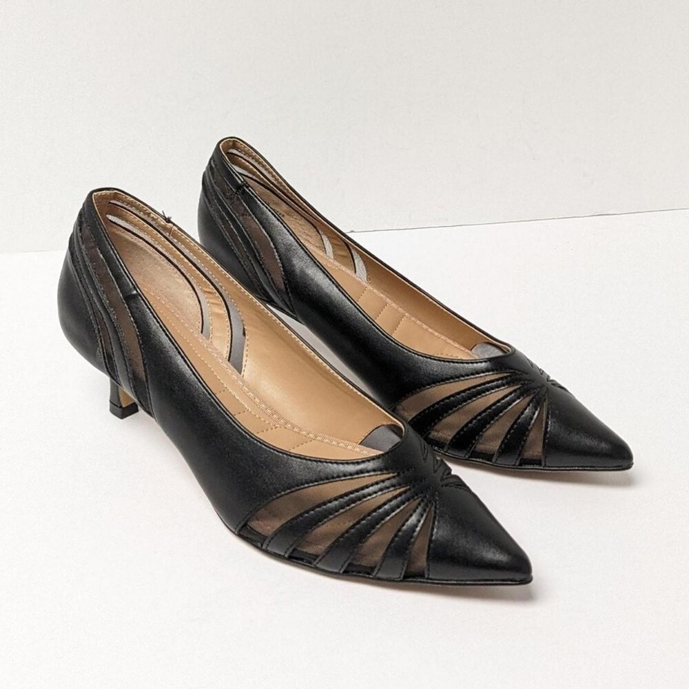 Adrienne Vittadini Women's Black Leather Mesh Pointed-Toe Heels